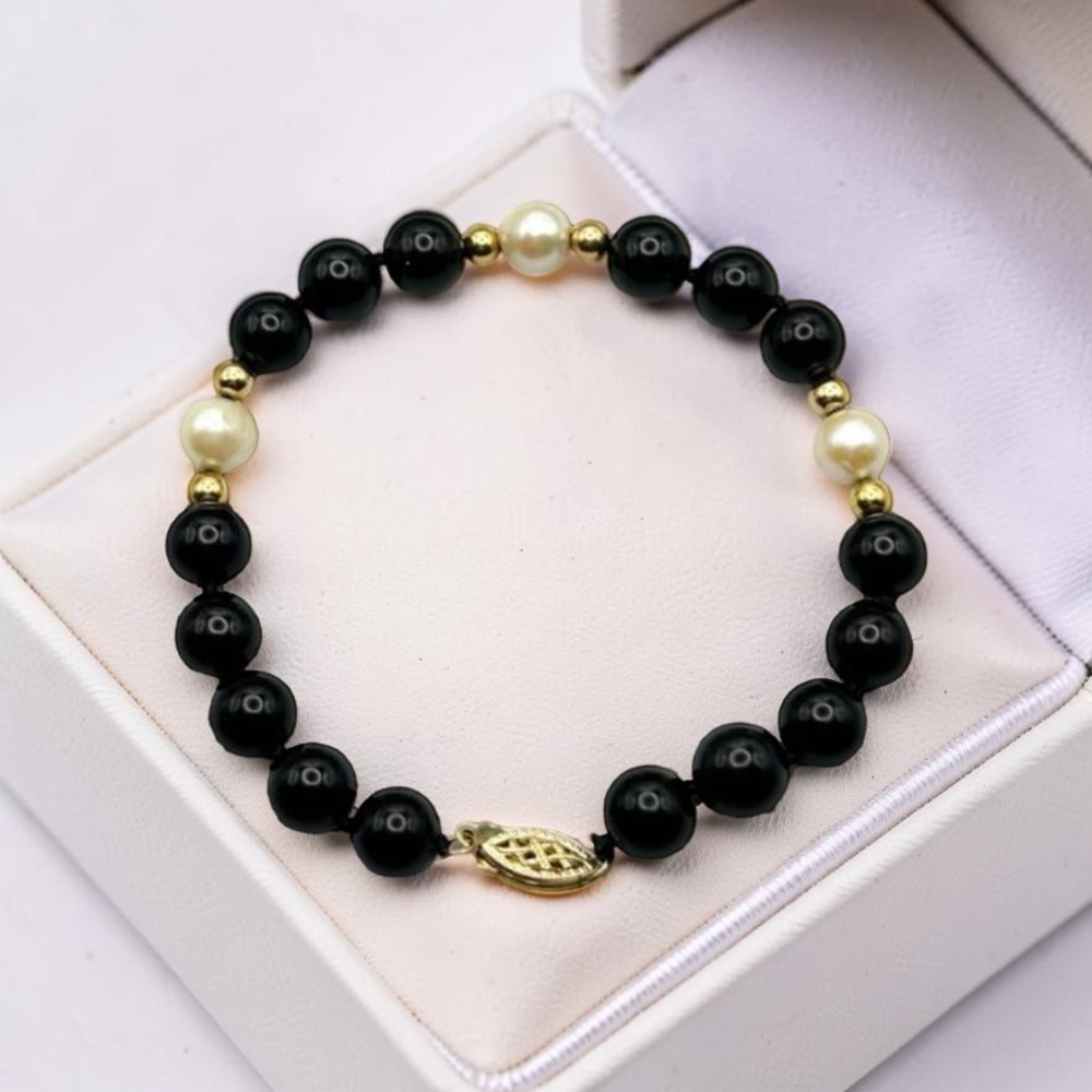 Vintage 14K Gold Black Onyx Pearl Bead Beaded Bracelet 8” EUC